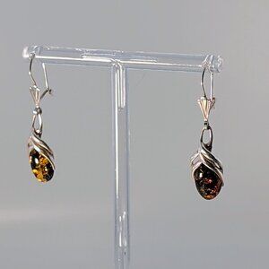 Sterling Silver Baltic Amber Dangle Earrings With Twist Design